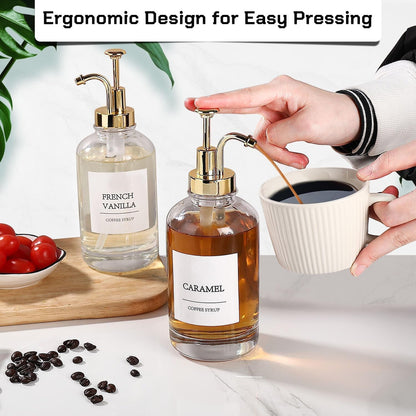Coffee Bar Accessories,Coffee Syrup Dispenser with Labels for Coffee Bar,Pack of 4,Total 67.6 Oz (Gold Pump)6
