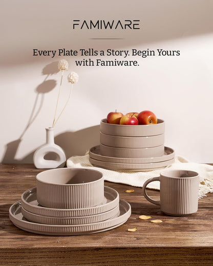 Ceramic Plates and Bowls Set, Dinnerware Sets, Ribbed Dishes for 48