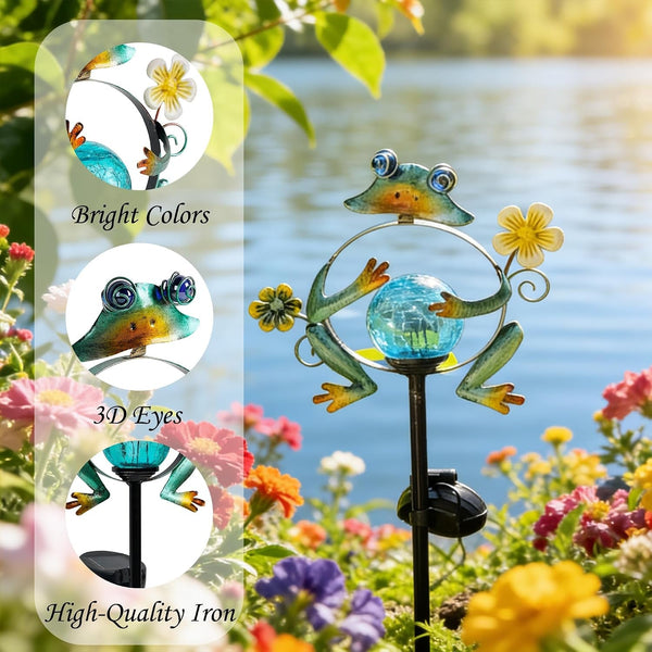 31-Inch Solar Frog Garden Stake with LED Lights, Metal Whimsical Frog Decor for Lawn & Flower Beds, Cute Amphibian Yard Art with Ground Spike, Outdoor Solar Light for Garden Pathway3