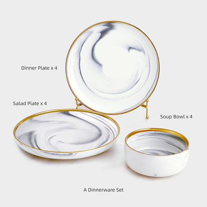 Marble Gold Rim Dinnerware Sets, Porcelain Plates and Bowls Sets2