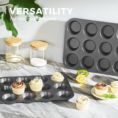Muffin Pan for Baking, Nonstick Cupcake Tin 12 Cup, 2 Pack Cup Cake Tray, Premium Cheesecake Pans, Dishwasher Safe - Dark Grey6