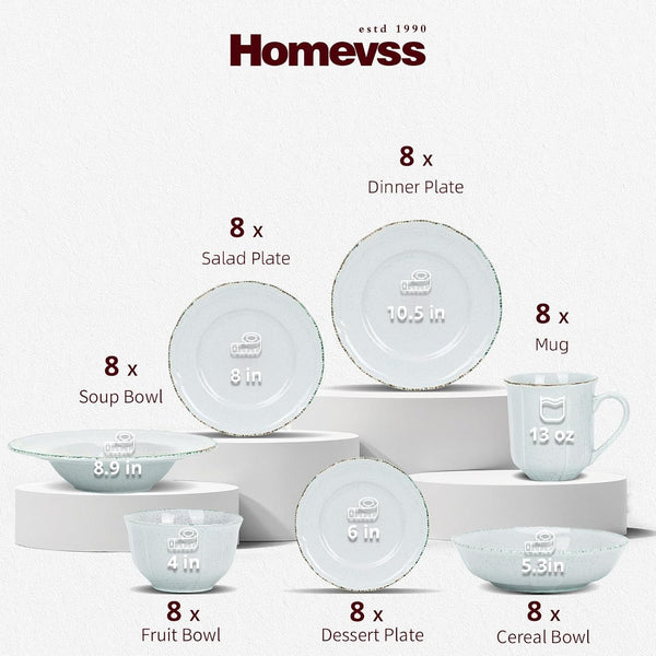 Homevss 56Pc Dinnerware Set, Plate and Bowl Set, Stoneware Dishes Set for 8, Microwave and Dishwahser Safe, Scratch Resistant, French Countryside Speckled Antique Grey2