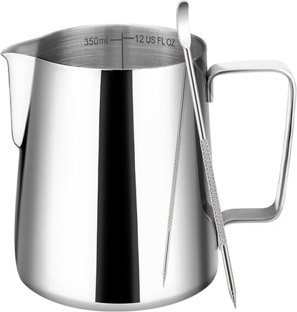 Milk Frothing Pitcher 12Oz Frother Cup Barista Tools, Silver | 18/8 Stainless Steel, 12Oz Capacity with Clear Scale, with Decorating Pen, Ergonomic Handle, for Cappuccino, Latte & Espresso1