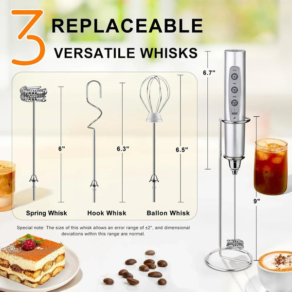 Handheld Milk Frother Wand for Coffee, Rechargeable Electric Whisk with 3 Heads 3 Speeds Drink Mixer Coffee Frother for Latte, Cappuccino, Hot Chocolate, Egg, Silver with Holder4