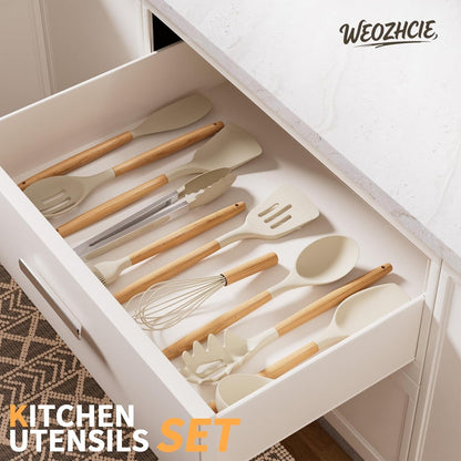 Silicone Cooking Utensil Set,12 PCS Cooking Cookware Kitchen Utensils Set for Cooking, Nonstick 446°F Heat-Resistant Cookware Kitchen Tools of Spoon,Brush,Whisk,Spatula,Turner Tongs (Khaki)7