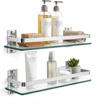 Bathroom Glass Shelf 15.7" Silver Wall-Mounted, Floating Metal Storage Rack1