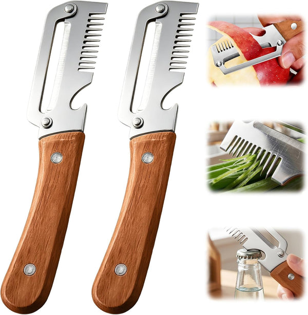 2026 Upgrade Vegetable Peeler with Wooden Handle, Stainless Steel Wide Blade Potato and Carrot Peeler, 3-In-1 Veggie Peeler with Scallion Shredder and Bottle Opener for Kitchen, Camping and Travel1