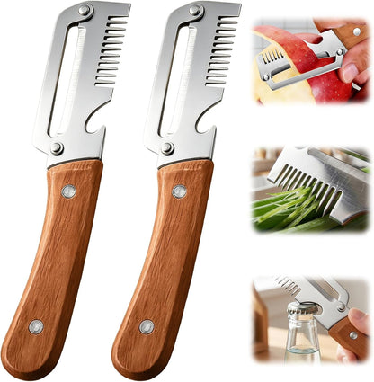 2026 Upgrade Vegetable Peeler with Wooden Handle, Stainless Steel Wide Blade Potato and Carrot Peeler, 3-In-1 Veggie Peeler with Scallion Shredder and Bottle Opener for Kitchen, Camping and Travel1