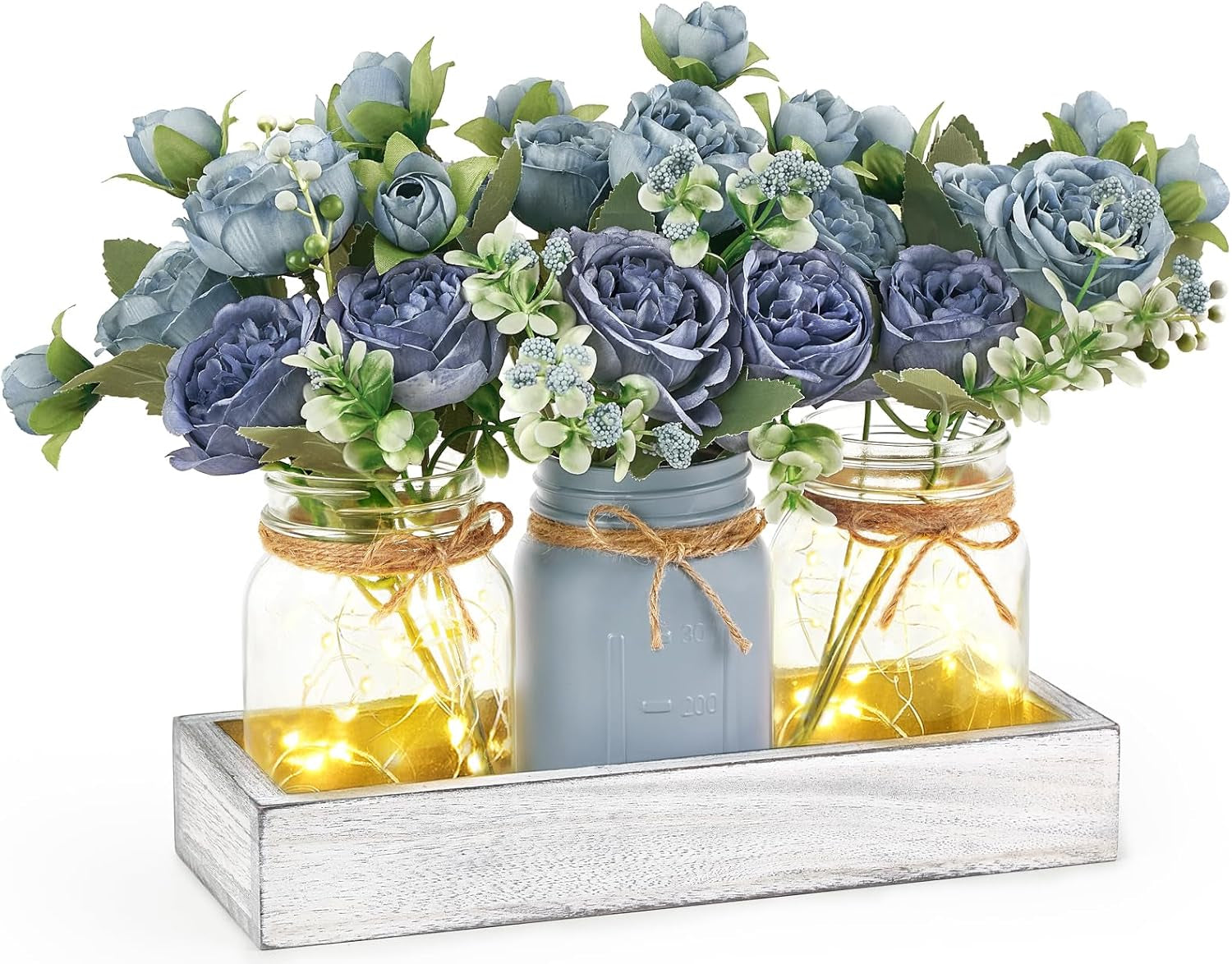 mason-jar-lights-centerpieces-for-tables-dining-room-farmhouse-decor-warm-glow-blue-artificial-flowers-wood-tray-coffee-table-decor-kitchen-living-room-wedding-indoor-outdoor-decoration
