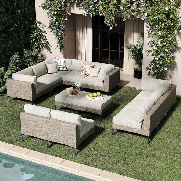 12-Piece Wicker Rattan Patio Furniture Set, Deep Seating Outdoor Modular Sectional Sofa Conversation Set with Thick Cushions for Lawn, Garden1