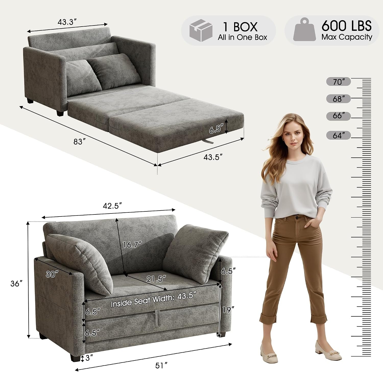 51-loveseat-sleeper-sofa-bed-chenille-convertible-floor-sofa-bed-for-small-spaces-folding-couch-bed-with-deep-seat-2-pillows-solid-frame-pull-out-floor-couch-for-living-room-grey