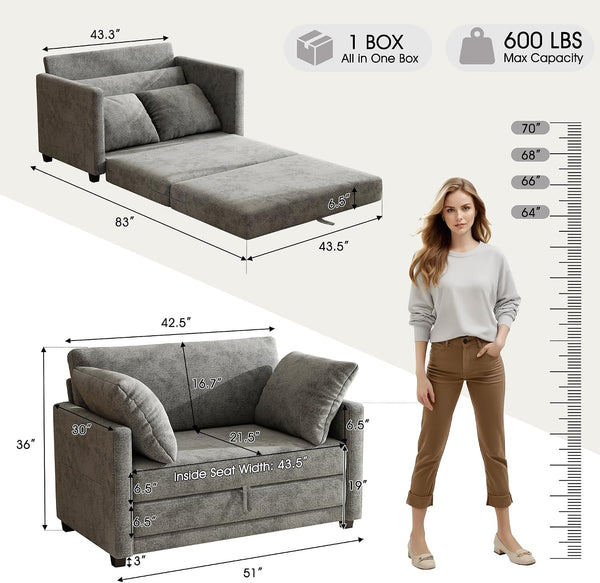 51" Loveseat Sleeper Sofa Bed, Chenille Convertible Floor Sofa Bed for Small Spaces, Folding Couch Bed with Deep Seat, 2 Pillows & Solid Frame, Pull Out Floor Couch for Living Room, Grey2