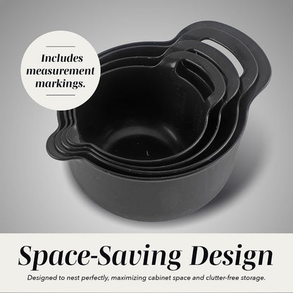 Nesting Plastic Mixing Bowl Set with Pour Spouts and Handles, Black Speckled, 4 Piece Non-Slip4