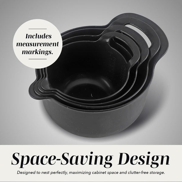 Nesting Plastic Mixing Bowl Set with Pour Spouts and Handles, Black Speckled, 4 Piece Non-Slip4