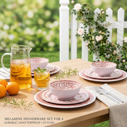 Melamine Dinnerware Sets,12 Pcs Plates and Bowls Set - Light Pink6