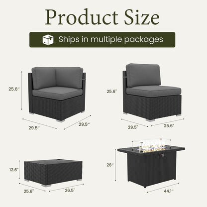 8 Piece Patio Furniture Set with 44" Propane Gas Fire Pit Table, Outdoor Sectional Conversation Set Wicker Rattan Sofa Set with Coffee Table7
