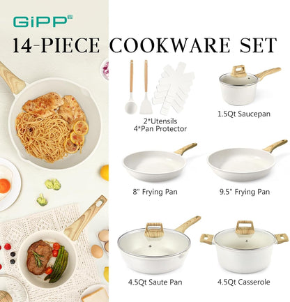 Pots and Pans Set Non Stick - 14 Pcs White Granite Kitchen Cookware Sets Nonstick Induction Cookware Cooking Pan Set with Frying Pans, Saucepans and Silicone Utensils, PFOS & PFOA Free2