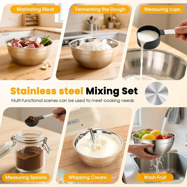 5-Speed Hand Mixer Electric with 4 Mixing Bowls Set | 300W Lightweight Kitchen Handheld Mixer with Measuring Cups & Spoons, Stainless Steel Bowls, Baking Supplies for Cake, Cream4