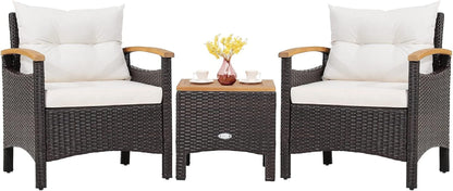 3-Piece Patio Furniture Set, Patiojoy Outdoor Rattan Sofa Set with Coffee Table, Patio Conversation Set with Removable Cushion, Cozy Acacia Wood Armrests for Backyard, Poolside (Off White)1
