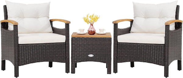 3-Piece Patio Furniture Set, Patiojoy Outdoor Rattan Sofa Set with Coffee Table, Patio Conversation Set with Removable Cushion, Cozy Acacia Wood Armrests for Backyard, Poolside (Off White)1