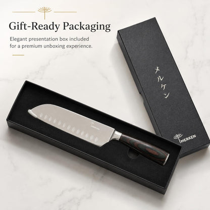 7-Inch Santoku Kitchen Knife, High-Carbon Stainless Steel, Hollow-Edge Blade for Fast Slicing, Comfortable Pakkawood Handle, Gift-Ready Box, Hand Wash for Easy Care6