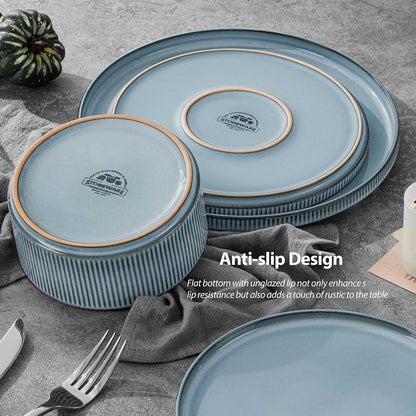 Dinnerware Stoneware Sets with Pasta Bowls, 16 Piece Plates and Bowls Set for 4, Ribbed Dishes Set for Home, Microwave and Dishwasher Safe, Slate Blue3