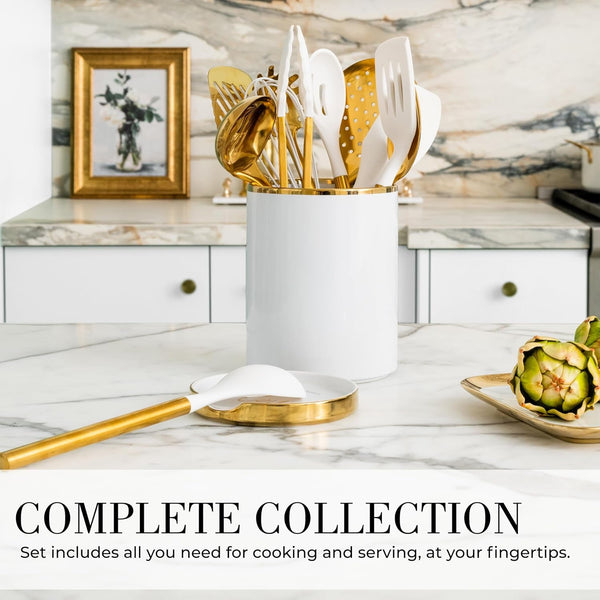 White and Gold Cooking Utensils Set, 13-Piece | Kitchen Set with White Ceramic Utensil Holder and Stackable Gold Spoon Rest - Luxury Kitchen Accessories for Stylish Cooking3
