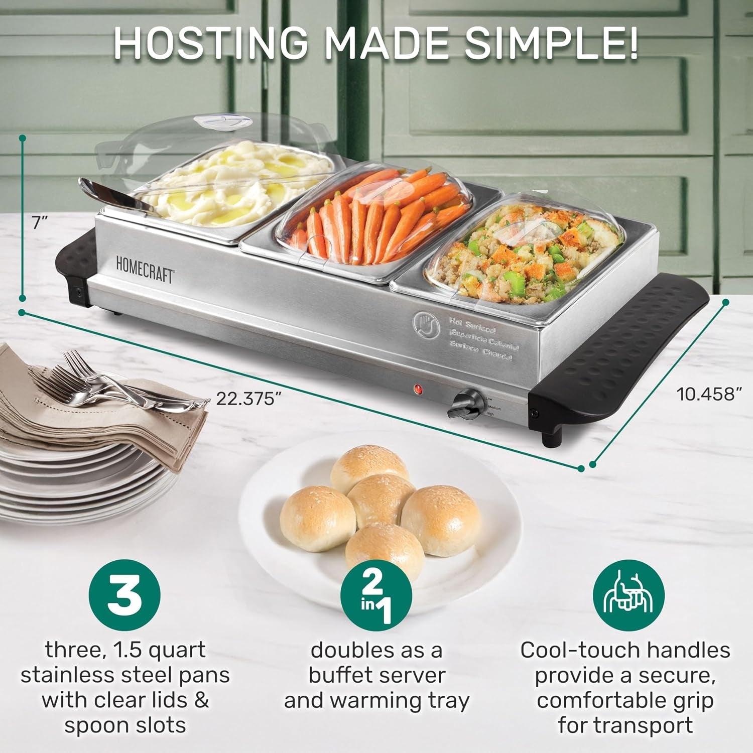 hcbs15ss-3-station-1-5-quart-stainless-steel-buffet-server-slow-cooker-warming-tray-adjustable-temperature-perfect-for-dinner-appetizers