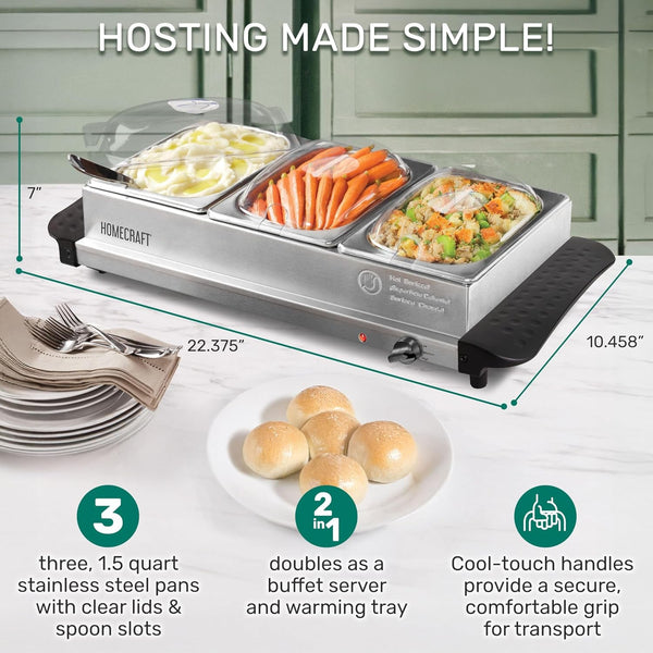 HCBS15SS 3-Station 1.5-Quart Stainless Steel Buffet Server Slow Cooker & Warming Tray, Adjustable Temperature, Perfect for Dinner, Appetizers2