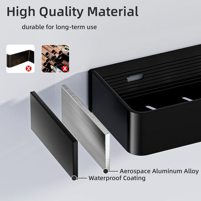 Shower Caddy Adhesive, No Drill Rustproof Bathroom Shelf, 2 Pack Large Capacity Aluminum Shower Shelves, Shower Organizer Rack with 5 Removable Hooks,Black/30Cm4