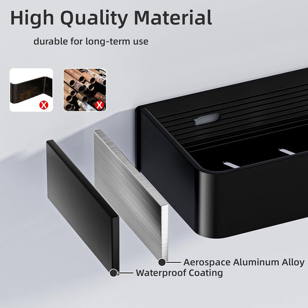 Shower Caddy Adhesive, No Drill Rustproof Bathroom Shelf, 2 Pack Large Capacity Aluminum Shower Shelves, Shower Organizer Rack with 5 Removable Hooks,Black/30Cm4