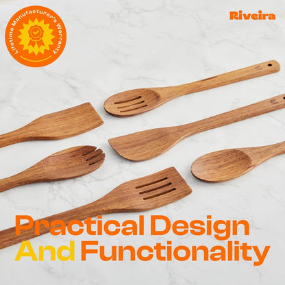 Teak Wooden Spoons for Cooking Set of 6 – Natural Teak Wooden Cooking Utensils, Wooden Spatula, Wooden Spoon - Premium Quality Utensil Set for Non-Toxic Cooking6