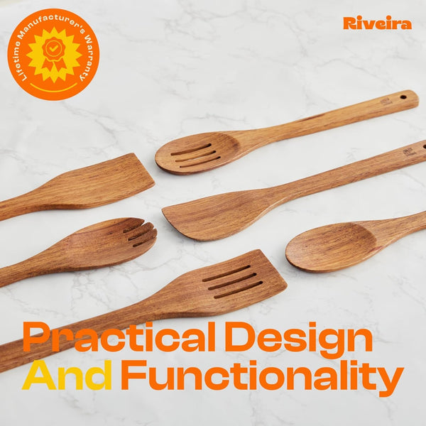 Teak Wooden Spoons for Cooking Set of 6 – Natural Teak Wooden Cooking Utensils, Wooden Spatula, Wooden Spoon - Premium Quality Utensil Set for Non-Toxic Cooking6