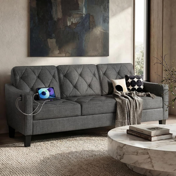 83" Mid Century Modern 3 Seater Couch, Dark Grey Sofa, Tufted (Dark Grey)1
