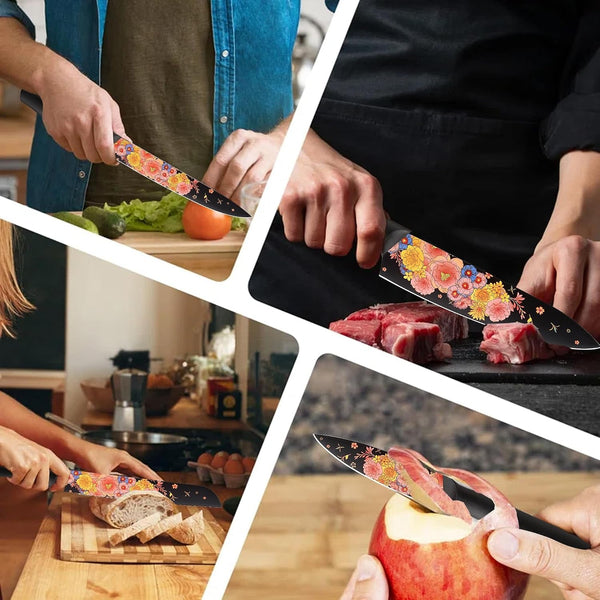 Knife Set Artistic Designed Pattern Kitchen Knife 6 Stainless Steel Kitchen Knives W 6 Blade Guards,Dishwasher Safe Kitchen Knife Sets for Family Knives Set for Chefs | Artistic Designed Pattern, Forged Stainless Steel, Dishwasher Safe, Razor Sharp,Anti-Rust,Ergonomic Handle,Full Tang,Gift Box7