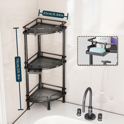 Corner Shower Caddy Stand - 3 Tier Shower Organizer with Soap Holder, Tall Floor Corner Shelves Standing with Adjustable Feet & 4 Hooks, Storage Rack for Bathroom Black2