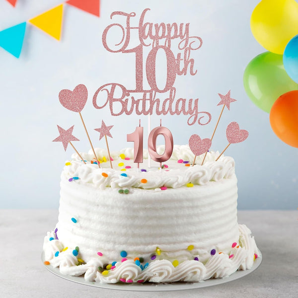 10Th Birthday Cake Decorations, 10Th Birthday Candles Cake Numeral Candles and Glitter Happy 10Th Birthday Cake Toppers Set for Birthday Party Supplies (Rose Gold)5