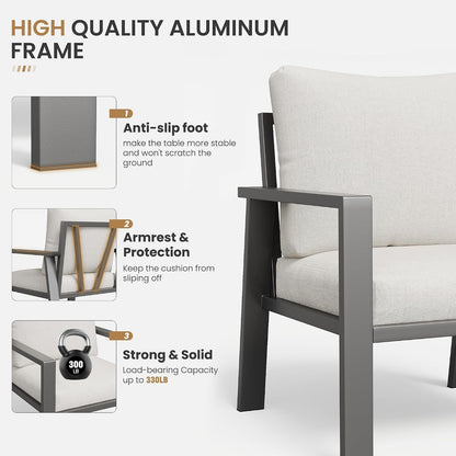 4-Piece Aluminum Outdoor Patio Furniture Sets All-Weather Patio Conversation Set Sectional Sofa with Coffee Table & Cushions with Removable Covers for for Deck Backyard Garden Poolside Balcony Porch4