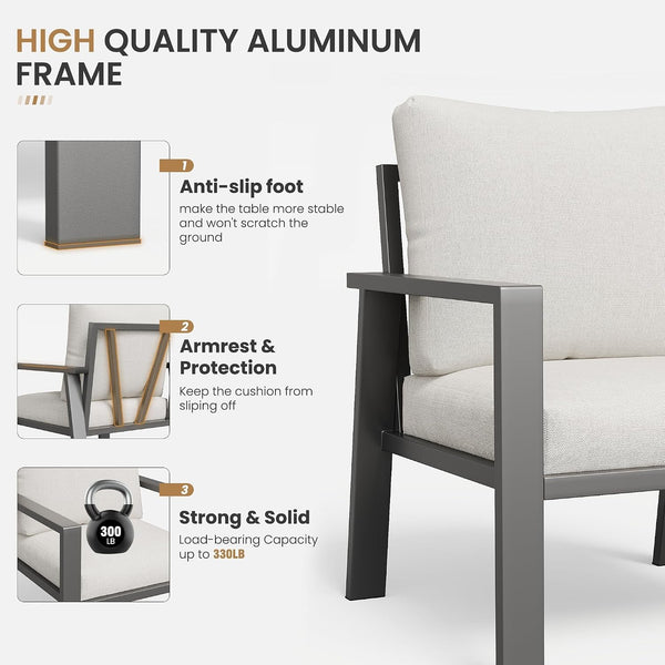 4-Piece Aluminum Outdoor Patio Furniture Sets All-Weather Patio Conversation Set Sectional Sofa with Coffee Table & Cushions with Removable Covers for for Deck Backyard Garden Poolside Balcony Porch4
