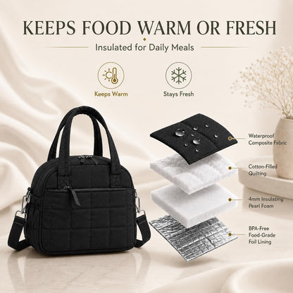 Lunch Box for Women, Quilted Insulated Lunch Bag, Puffy Lunch Tote with Adjustable Shoulder Strap for Work School Travel (Black, Regular 9L)9