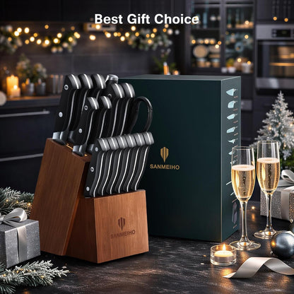 16 PCS Japanese Kitchen Knife Set with Block, Dishwasher Safe | 5 Layers High Carbon 9Cr18Mov Stainless Steel, Ultra-Sharp Professional Chef Cooking Knives Set with Ergonomic Handle7