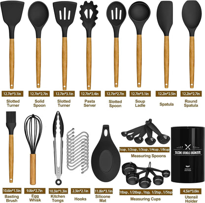 Kitchen Cooking Utensils Set, 33 Pcs Non-Stick Silicone Cooking Kitchen Spatula Set with Holder, Wooden Handle Silicone Kitchen Gadgets Utensil Set (Black)4