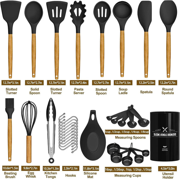 Kitchen Cooking Utensils Set, 33 Pcs Non-Stick Silicone Cooking Kitchen Spatula Set with Holder, Wooden Handle Silicone Kitchen Gadgets Utensil Set (Black)4