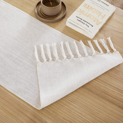 Cotton Linen Table Runner, 13X72 Inch, off White with Hand Tassels4