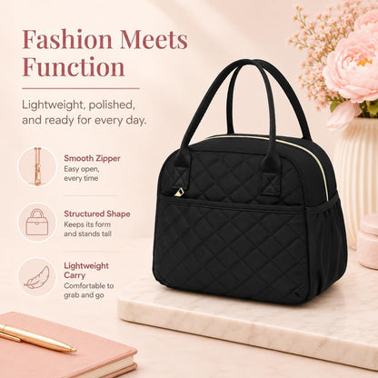 Lunch Box for Women Insulated Lunch Bag Lunchbox Cooler Thermal Leakproof Quilted Reusable Lunch Tote Bag for Work School Travel Picnic (Black)8
