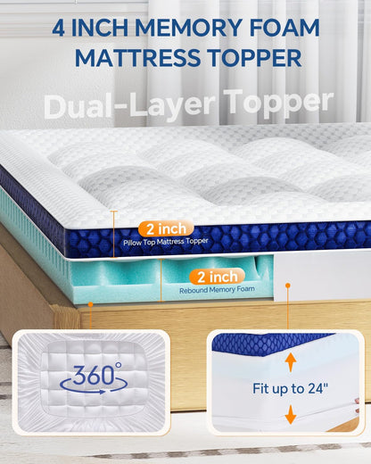 Dual Layer 4 Inch King Size Memory Foam Mattress Topper | 2 Inch Soft Pillow Top Mattress Pad Cover and 2 Inch Gel Memory Foam for Pressure Relief, 2-In-1 Design for Comfort & Support5