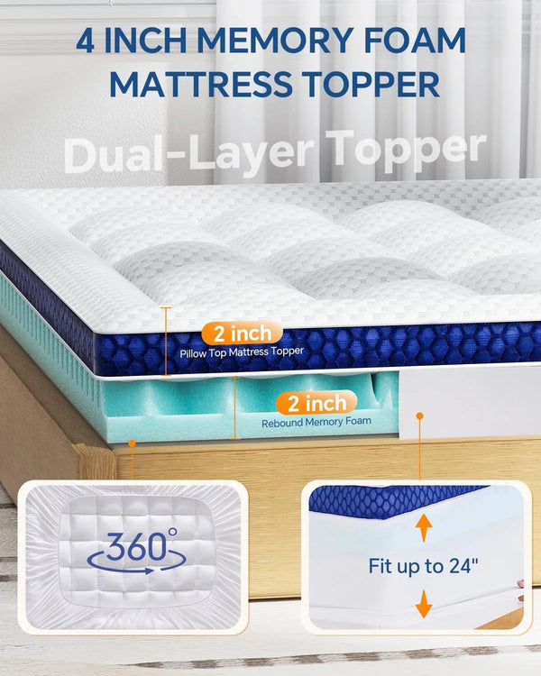 Dual Layer 4 Inch King Size Memory Foam Mattress Topper | 2 Inch Soft Pillow Top Mattress Pad Cover and 2 Inch Gel Memory Foam for Pressure Relief, 2-In-1 Design for Comfort & Support5