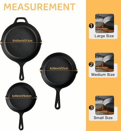 Cast Iron Skillet 3-Piece Set, Heavy-Duty Professional Restaurant Chef Quality Pre-Seasoned Pan Cookware Set, 6", 8", 10" Pans for Frying, Saute, Cooking, Use Indoor/Outdoor, Oven, Grill3