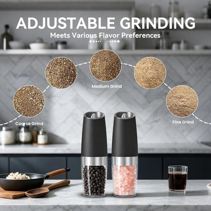 Battery Operated Gravity Salt and Pepper Grinder Set, 2 Pcs (Black) | Automatic Salt and Pepper Grinder Set, Adjustable Roughness,12 Batteries Required, Led Light3