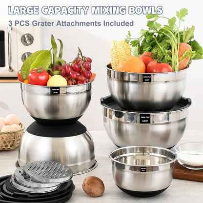 Mixing Bowls with Airtight Lids Set, 8PCS Stainless Steel Nesting Bowls Set, 3 Grater Attachments & Non-Slip Bottoms, Size 5, 4, 3.5, 2, 1.5QT for Baking & Mixing(Black)8
